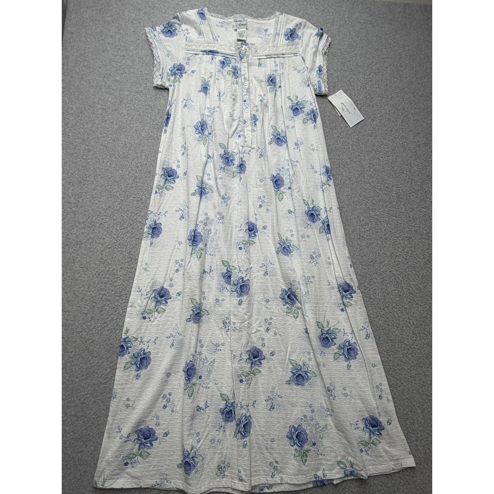 Vintage Aria Petite‎ Nightgown PS White Blue Floral Cotton Lace 90s - Picture 7 of 14